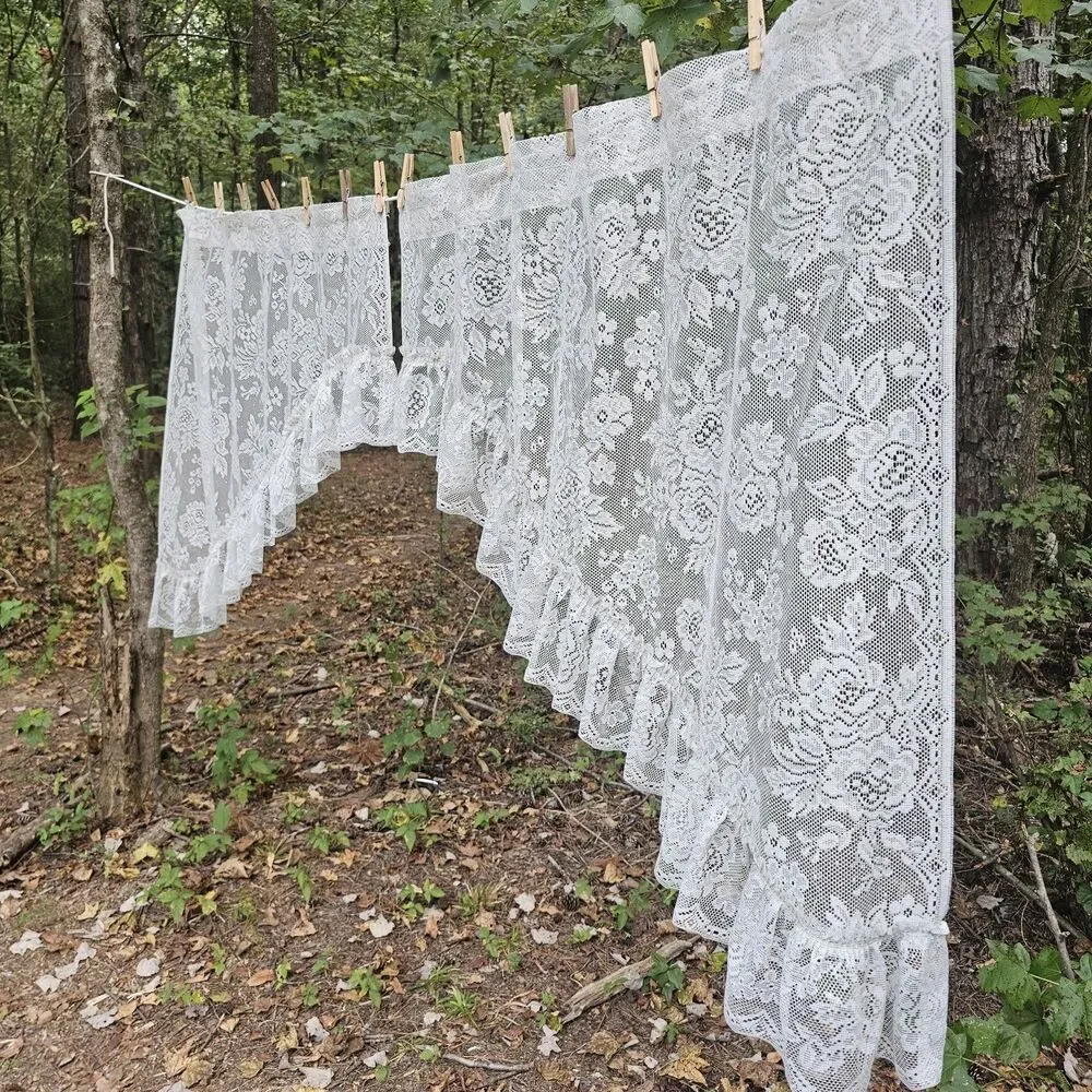 Vintage Light Gray Floral Lace Swag Curtains with Rose Pattern & Ruffle Trim